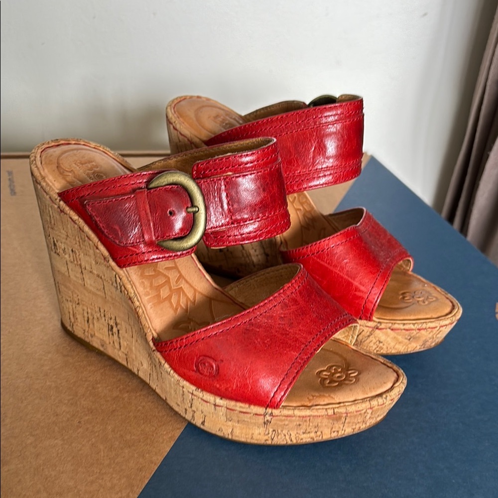 Born Red Leather Wedges with Cork Platform